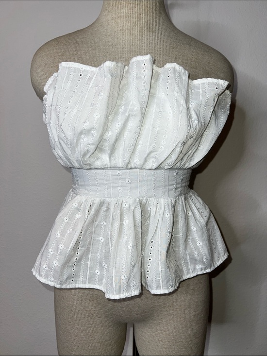 Thirty Thirty Tops - Thirty/Thirty LA Strapless White Eyelet Peplum Top